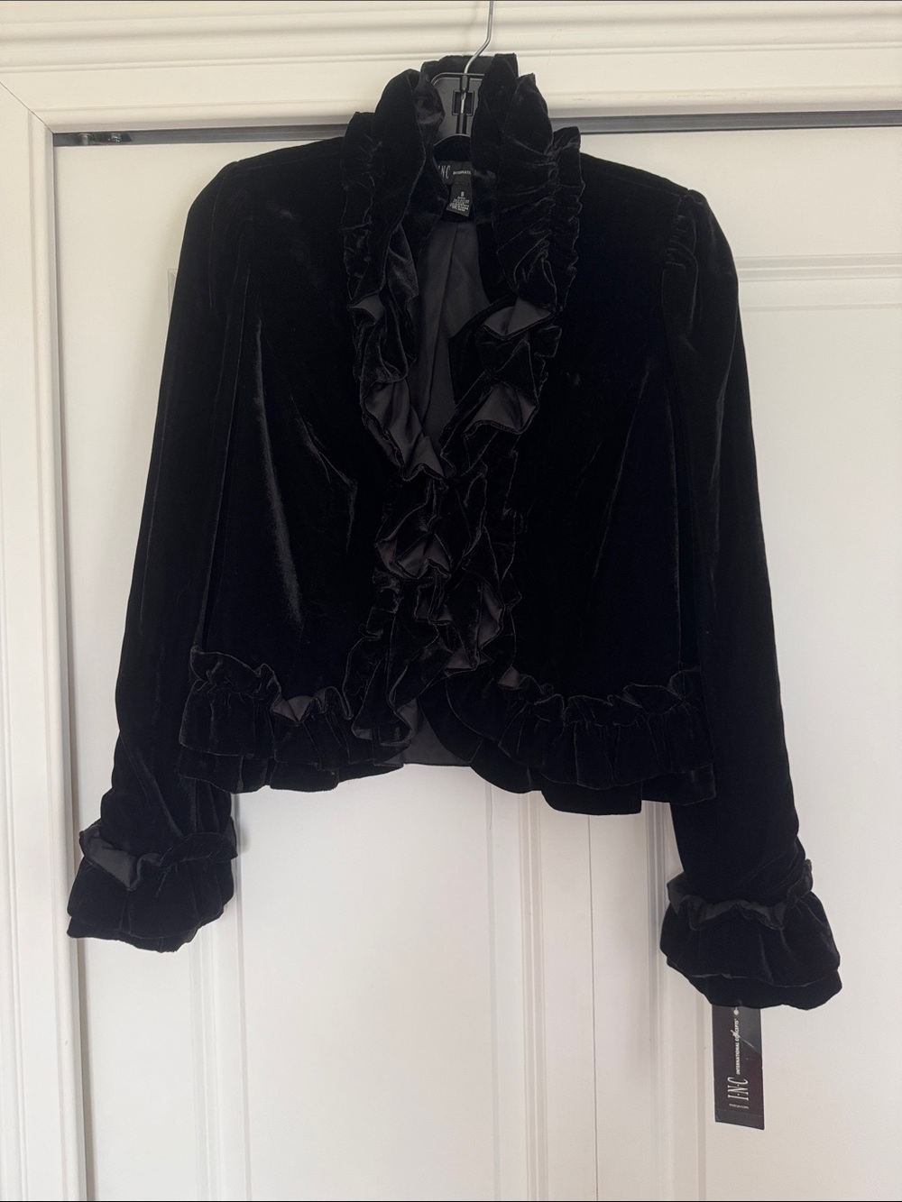 INC International Concepts Black Velvet Ruffle Blazer Jacket